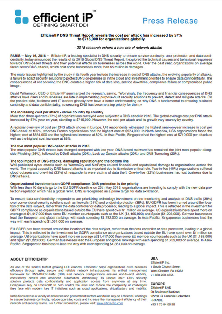 2018 EfficientIP DNS Threat Report reveals cost per attack increased by 57%