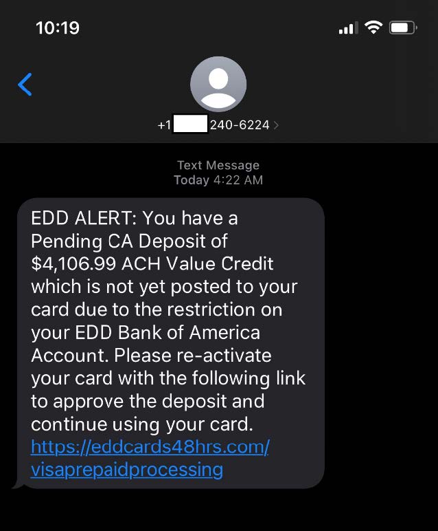 A text message with a link saying the person has a pending Deposit of $4,106.99 to claim.