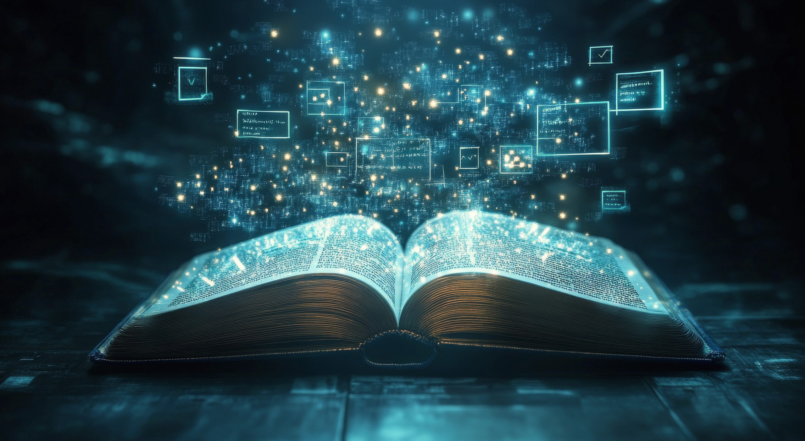 Open Book Glowing with Digital Symbols Representing Knowledge and Technology at Nighttime