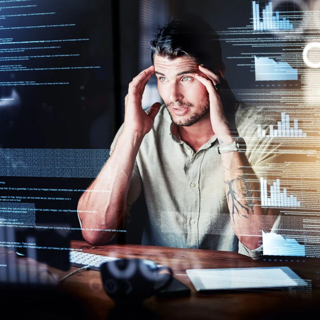 Stressed Computer Engineer Reading Code Cgi Data and Making Mistake While Analyzing Special Effects Charts While Working Late at Night Confused Worried and Anxious Web Developer Discovering a Hack