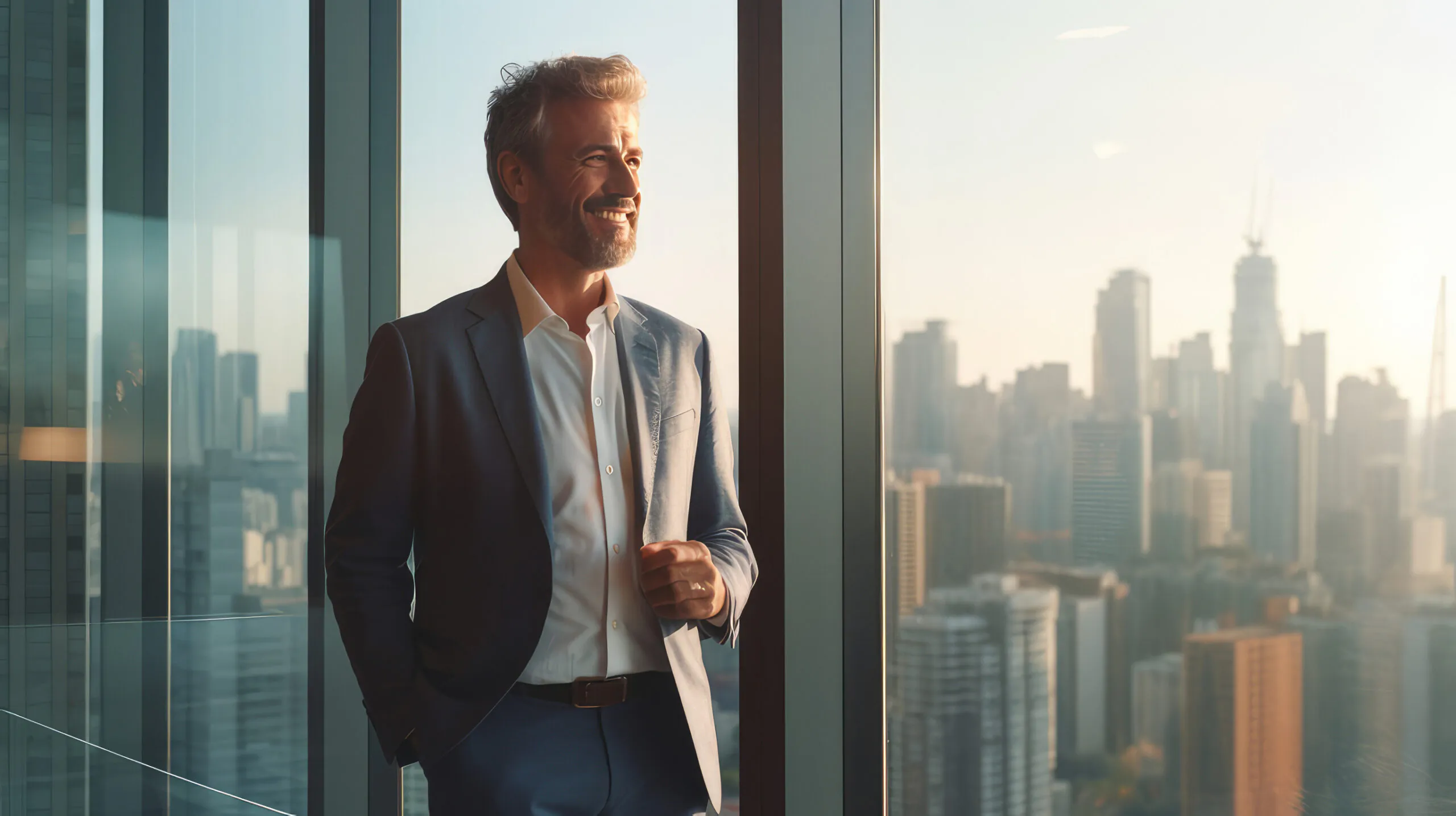 Smiling Businessman in a Suit Looking out over the City from a Modern Office Filled with Natural Light