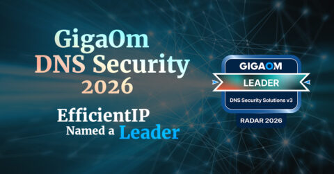 Gigaom Dns Security 2026 Banner efficientip Named a Leader with a Blue Leader Badge on a Network themed Background