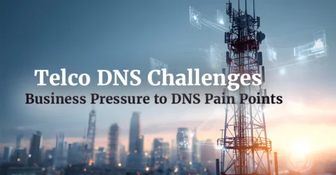 Telecom Tower over a City Skyline with Faint Holographic Data Icons Overlaid Headline telco Dns Challenges with Subtitle About Dns Pain Points