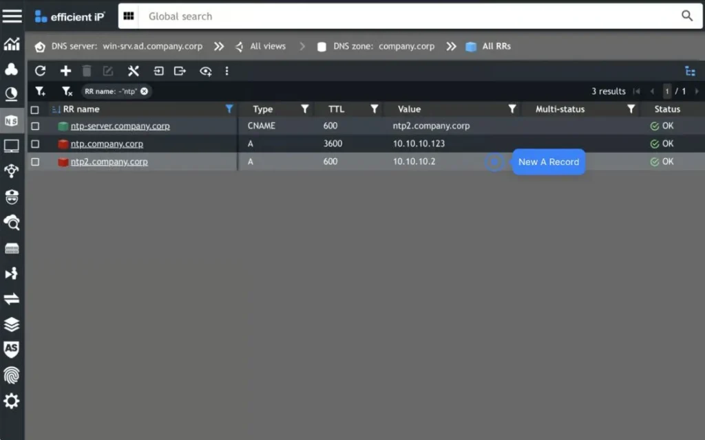 a and Cname Records Centrally Managed in the Solidserver Dns Interface