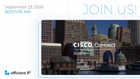 Event Banner for Cisco Connect Boston with a City Skyline september 23 2026 and join Us Text and the Efficient Ip Logo